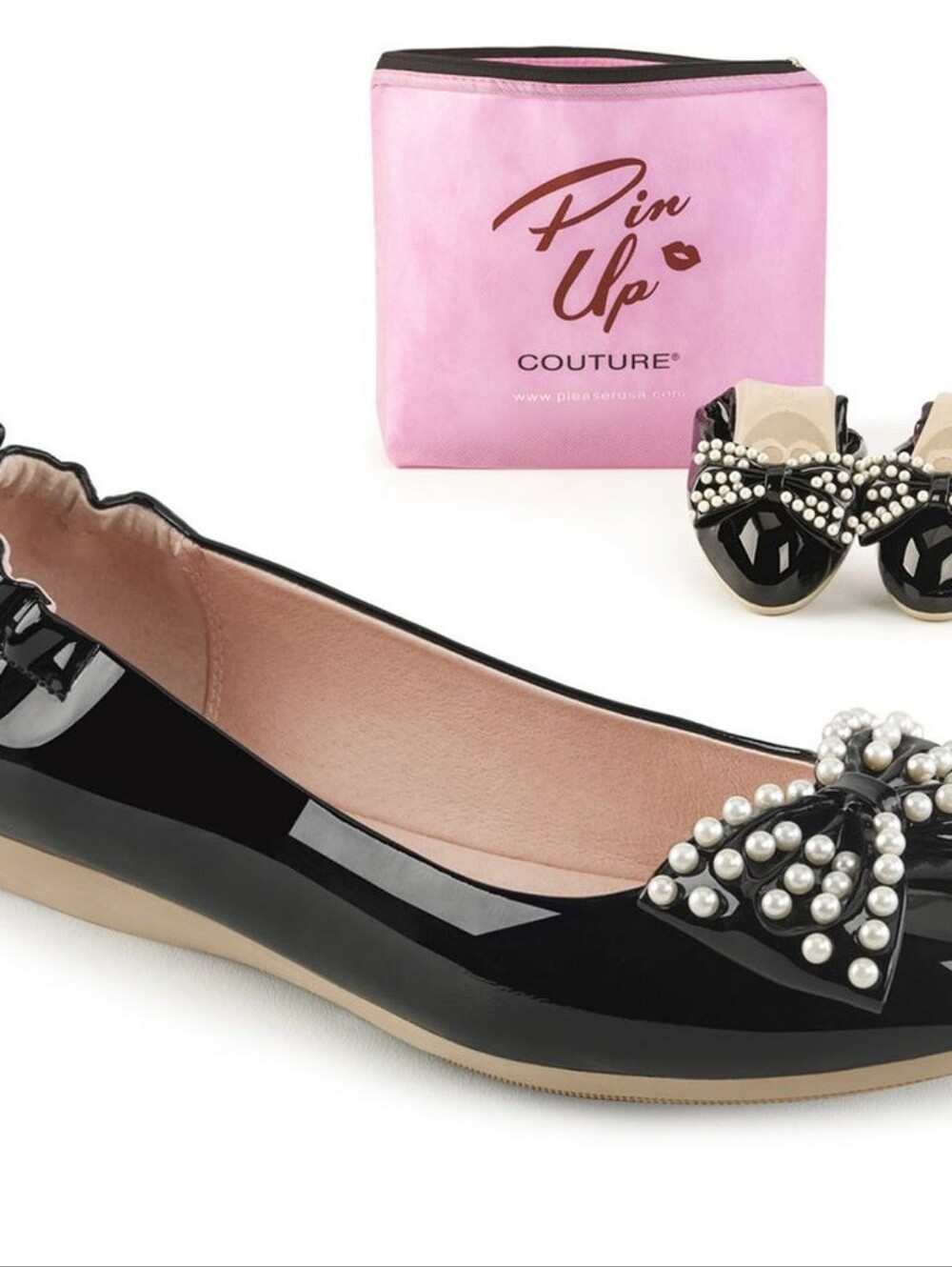 Pinup Couture Black Patent Pearl Bow Ballet Flats